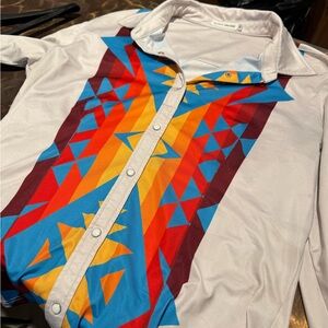 White Button-Down Shirt with Vibrant Geometric Print - Women